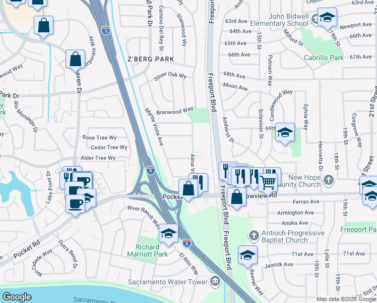 map of restaurants, bars, coffee shops, grocery stores, and more near 7536 Alma Vista Way in Sacramento