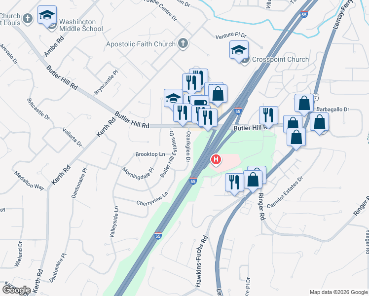 map of restaurants, bars, coffee shops, grocery stores, and more near 5252 Ozarkglen Drive in St. Louis