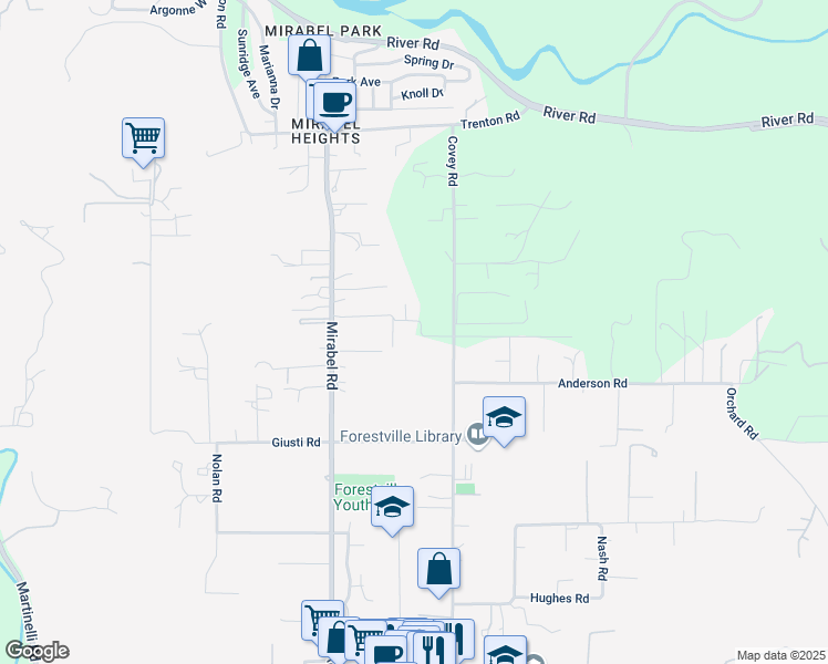 map of restaurants, bars, coffee shops, grocery stores, and more near 7220 Covey Road in Forestville