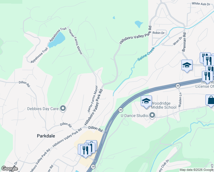 map of restaurants, bars, coffee shops, grocery stores, and more near 2050 Hillsboro Valley Park Road in High Ridge