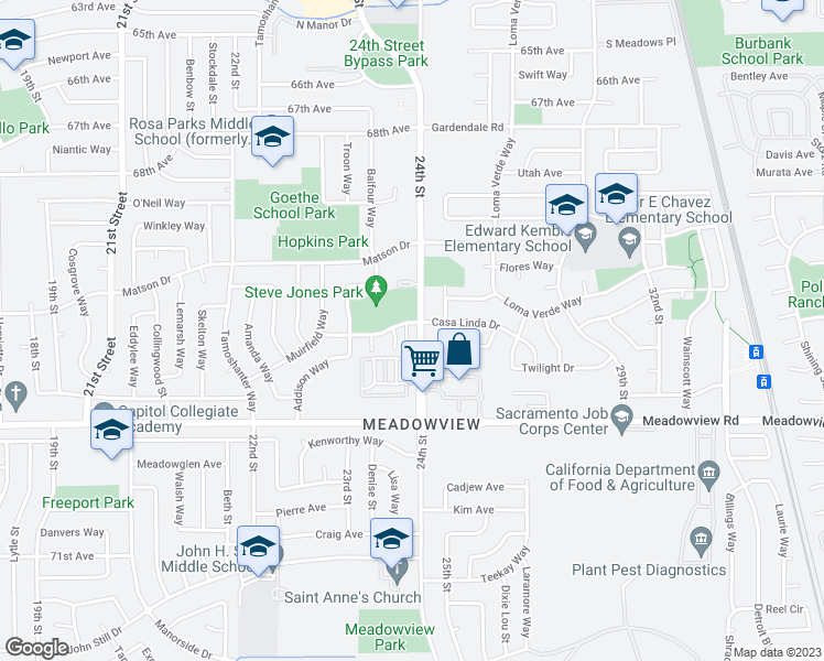 map of restaurants, bars, coffee shops, grocery stores, and more near 7546 24th Street in Sacramento