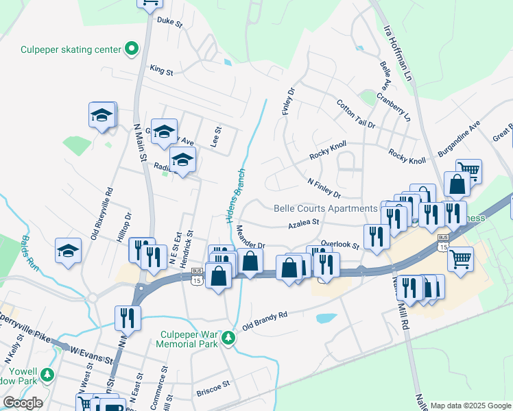 map of restaurants, bars, coffee shops, grocery stores, and more near 401 Barberry Street in Culpeper