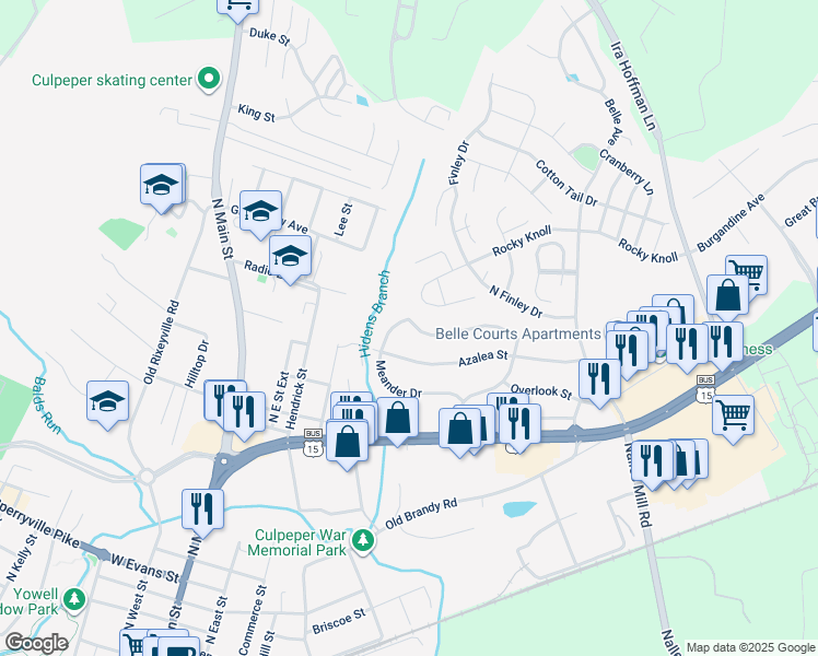map of restaurants, bars, coffee shops, grocery stores, and more near 401 Barberry Street in Culpeper