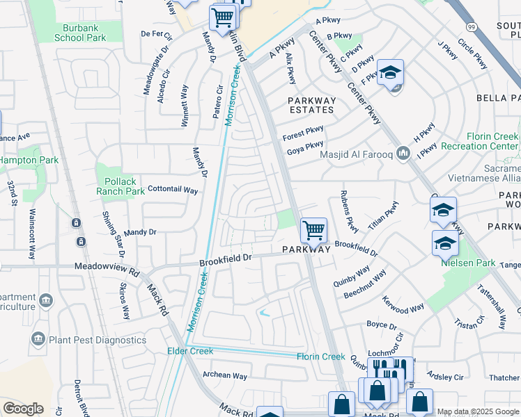 map of restaurants, bars, coffee shops, grocery stores, and more near 52 Creeks Edge Way in Sacramento