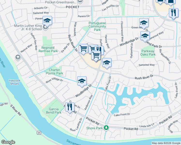 map of restaurants, bars, coffee shops, grocery stores, and more near 7626 Windbridge Drive in Sacramento