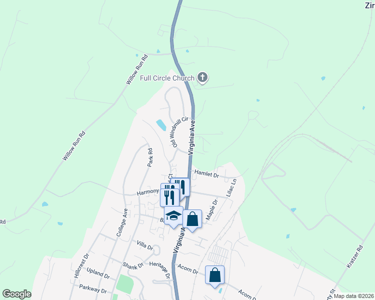 map of restaurants, bars, coffee shops, grocery stores, and more near 1209 Old Windmill Circle in Harrisonburg