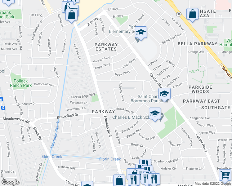 map of restaurants, bars, coffee shops, grocery stores, and more near 4546 Cedarwood Way in Sacramento