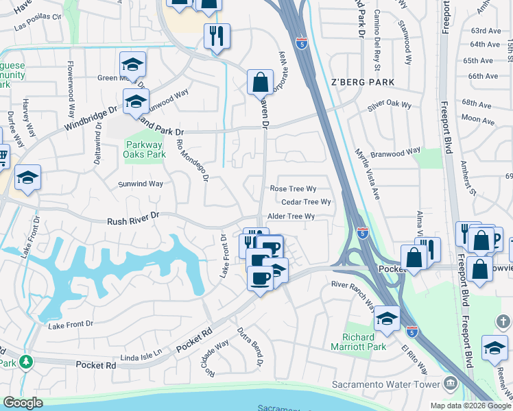 map of restaurants, bars, coffee shops, grocery stores, and more near 78 Heritage Wood Circle in Sacramento