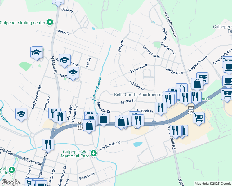 map of restaurants, bars, coffee shops, grocery stores, and more near 416 Barberry Street in Culpeper