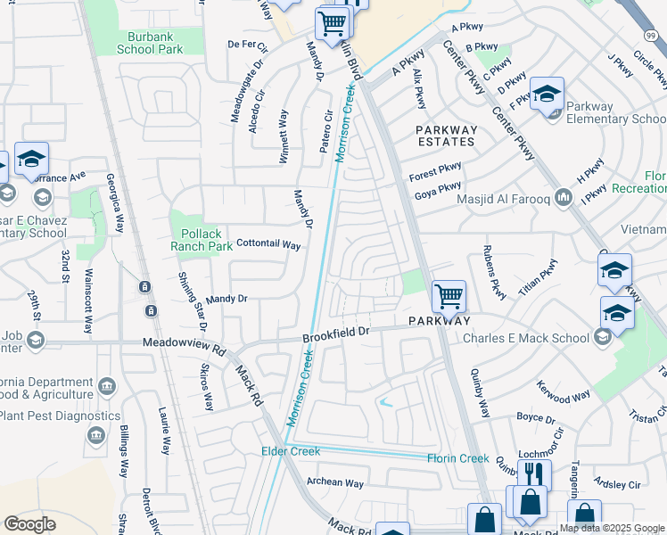 map of restaurants, bars, coffee shops, grocery stores, and more near 86 Creeks Edge Way in Sacramento