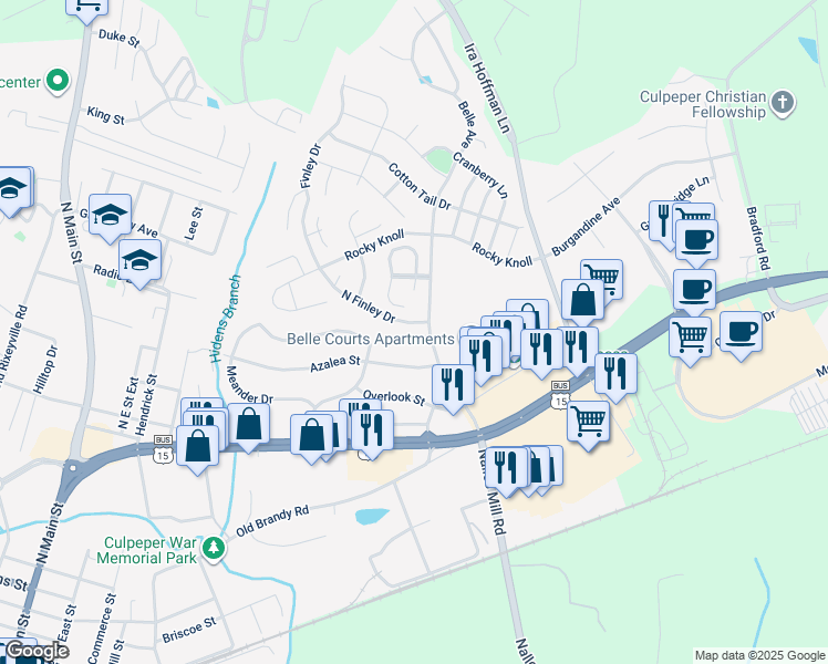 map of restaurants, bars, coffee shops, grocery stores, and more near 520 Hitt Court in Culpeper