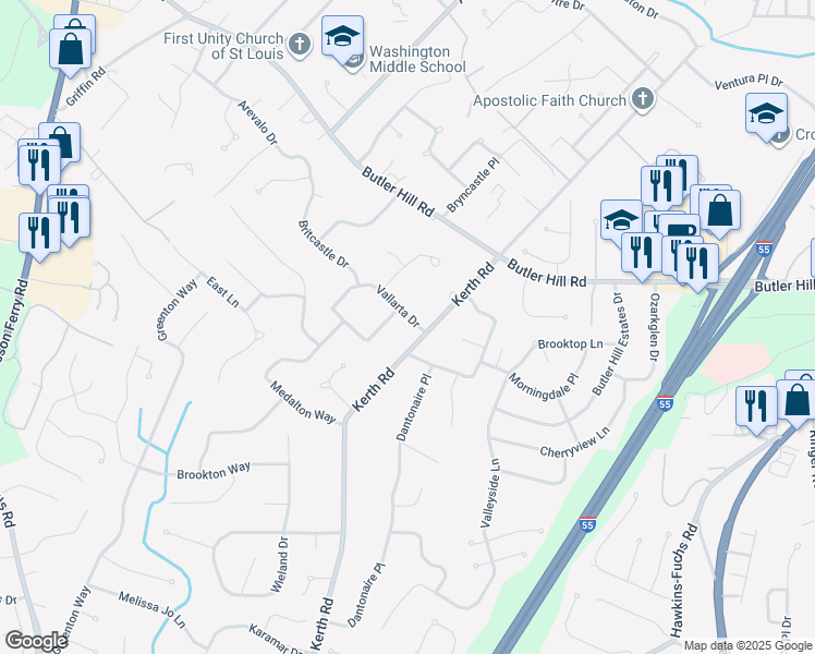 map of restaurants, bars, coffee shops, grocery stores, and more near 5347 Kerth Road in St. Louis