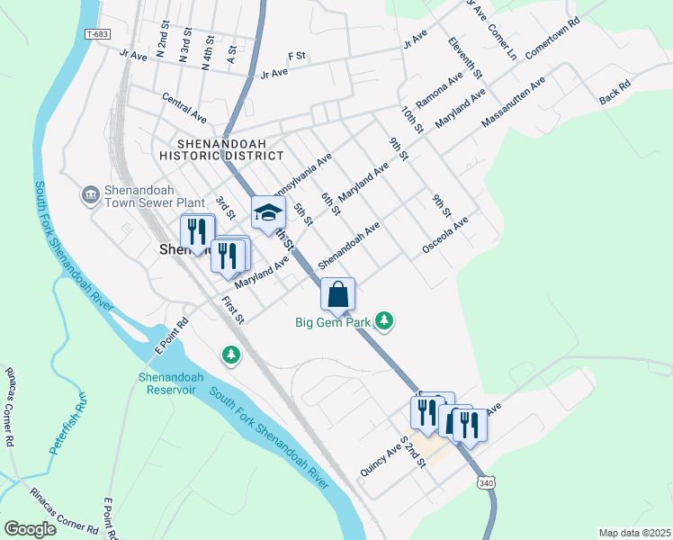 map of restaurants, bars, coffee shops, grocery stores, and more near 705 5th Street in Shenandoah