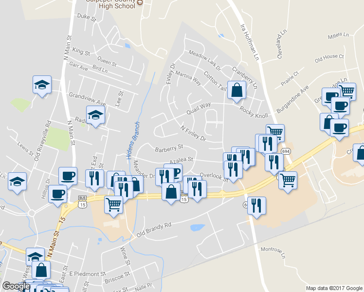 map of restaurants, bars, coffee shops, grocery stores, and more near 501 Barberry Street in Culpeper