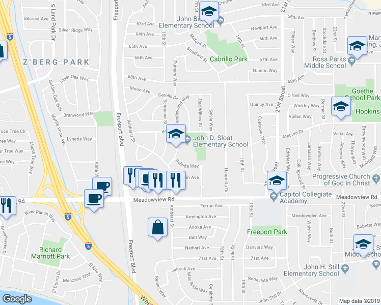 map of restaurants, bars, coffee shops, grocery stores, and more near 7525 Candlewood Way in Sacramento
