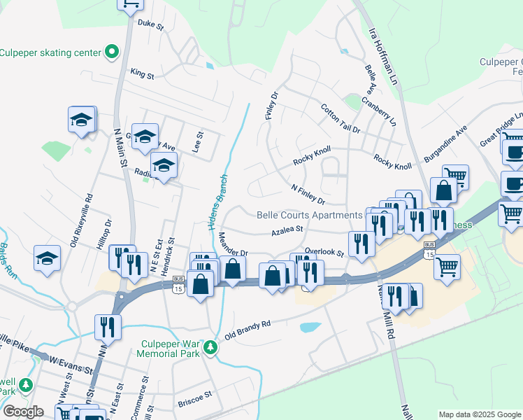 map of restaurants, bars, coffee shops, grocery stores, and more near 416 Barberry Street in Culpeper