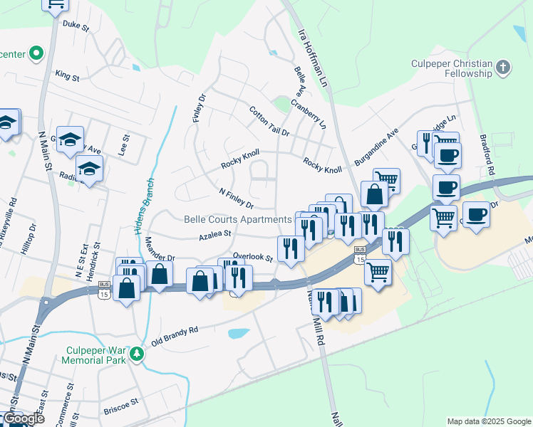 map of restaurants, bars, coffee shops, grocery stores, and more near 520 Hitt Court in Culpeper