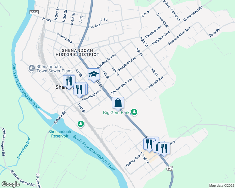 map of restaurants, bars, coffee shops, grocery stores, and more near 705 5th Street in Shenandoah