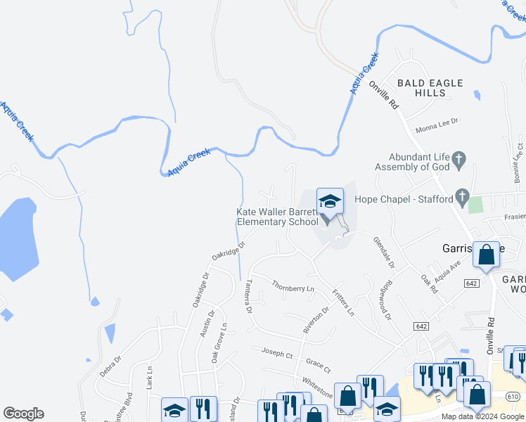 map of restaurants, bars, coffee shops, grocery stores, and more near 2 Inman Overlook in Stafford