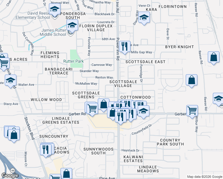 map of restaurants, bars, coffee shops, grocery stores, and more near 7908 Cottonleaf Way in Sacramento