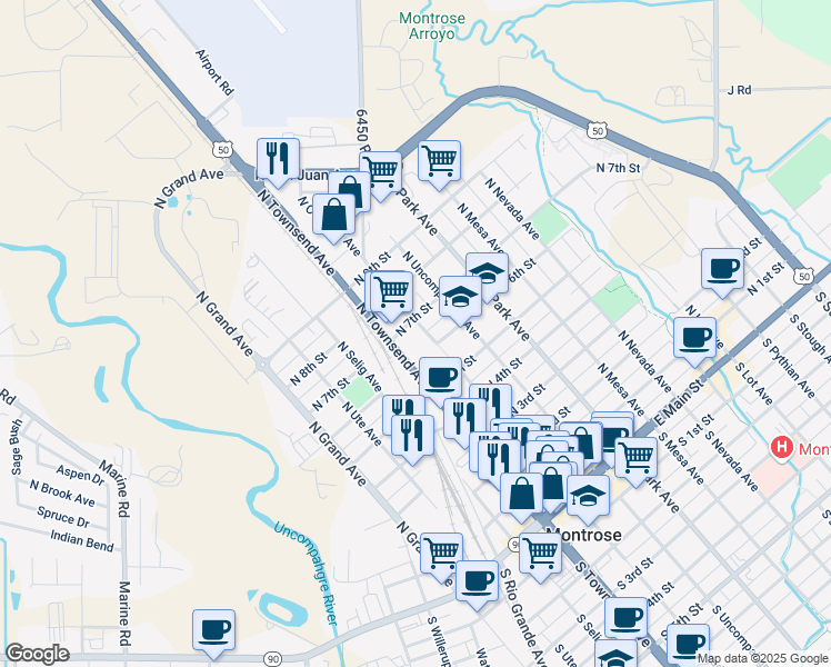 map of restaurants, bars, coffee shops, grocery stores, and more near 610 North Townsend Avenue in Montrose