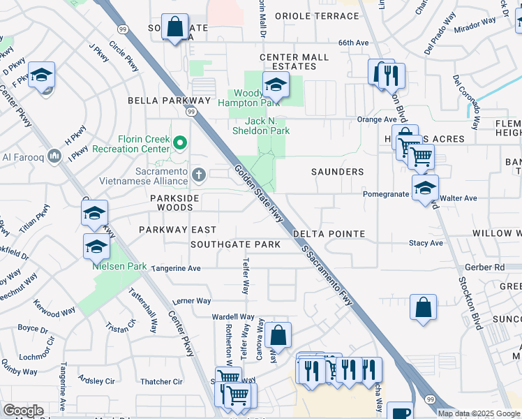 map of restaurants, bars, coffee shops, grocery stores, and more near 7532 La Mancha Way in Sacramento