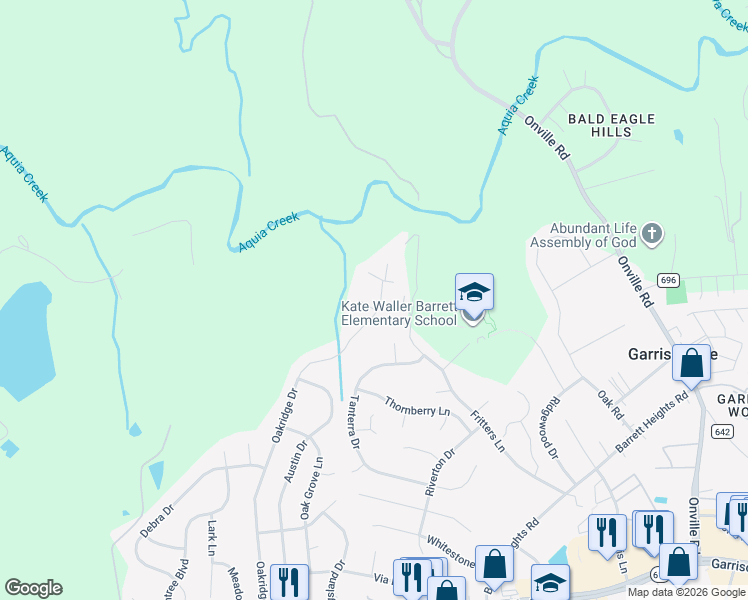 map of restaurants, bars, coffee shops, grocery stores, and more near 2 Inman Overlook in Stafford