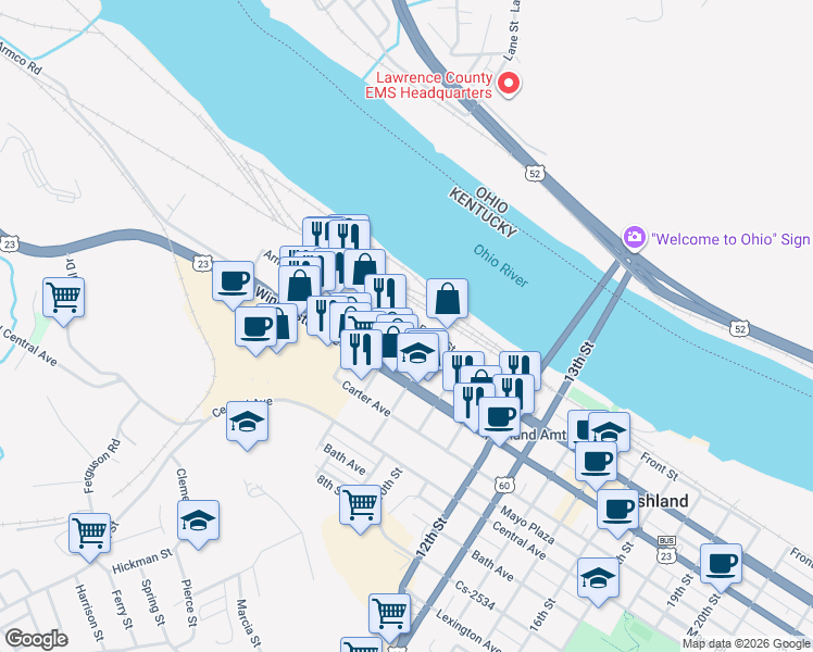 map of restaurants, bars, coffee shops, grocery stores, and more near 130 8th Street in Ashland