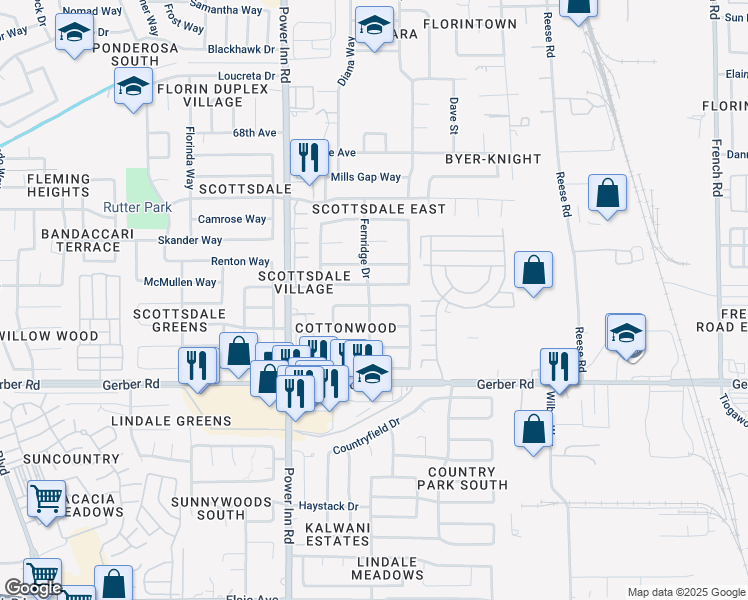 map of restaurants, bars, coffee shops, grocery stores, and more near 8101 Cottonridge Circle in Sacramento