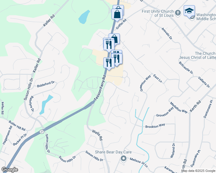 map of restaurants, bars, coffee shops, grocery stores, and more near 5000-5602 Duessel Lane in Saint Louis