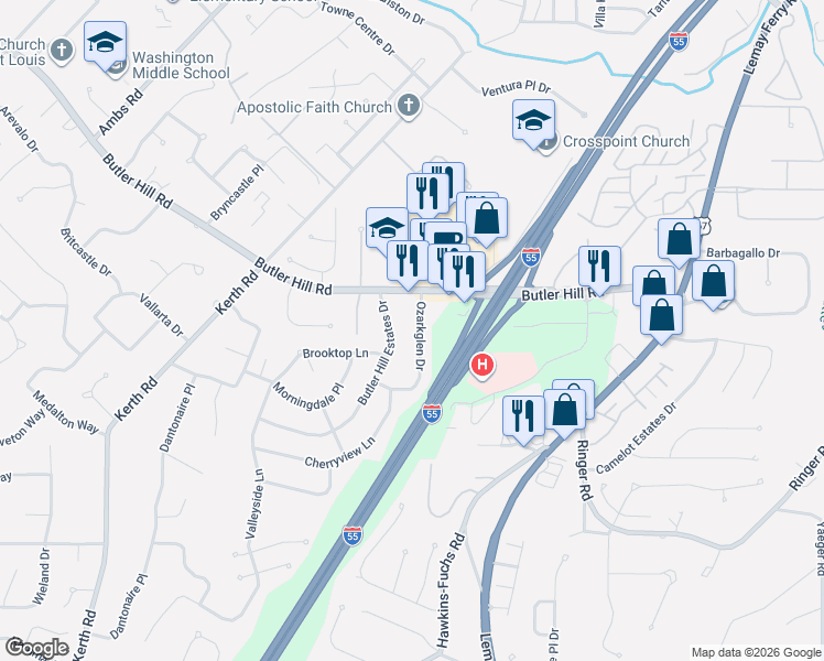 map of restaurants, bars, coffee shops, grocery stores, and more near 5252 Ozarkglen Drive in St. Louis