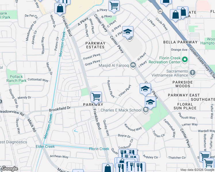 map of restaurants, bars, coffee shops, grocery stores, and more near 7525 Rubens Parkway in Sacramento