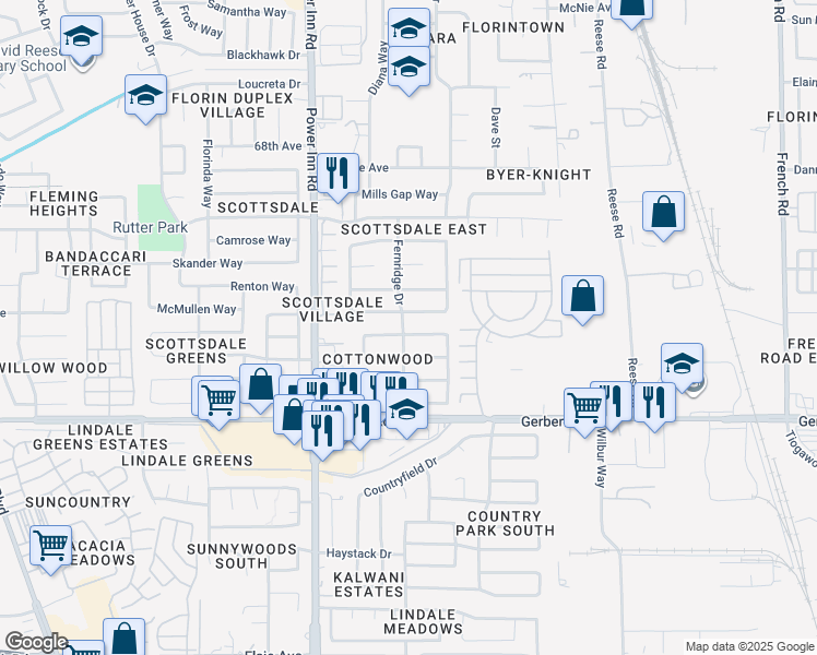 map of restaurants, bars, coffee shops, grocery stores, and more near 8101 Cottonridge Circle in Sacramento