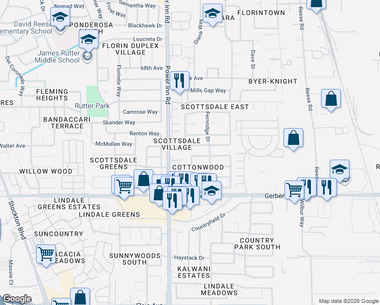 map of restaurants, bars, coffee shops, grocery stores, and more near 8140 Cottonridge Circle in Sacramento