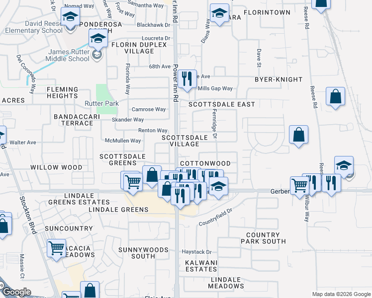 map of restaurants, bars, coffee shops, grocery stores, and more near 7525 Power Inn Road in Sacramento
