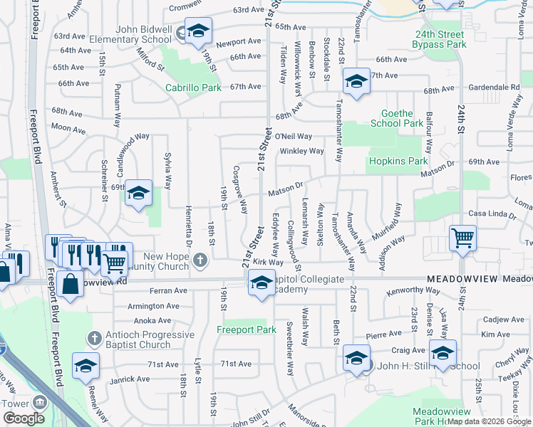 map of restaurants, bars, coffee shops, grocery stores, and more near 7530 21st Street in Sacramento