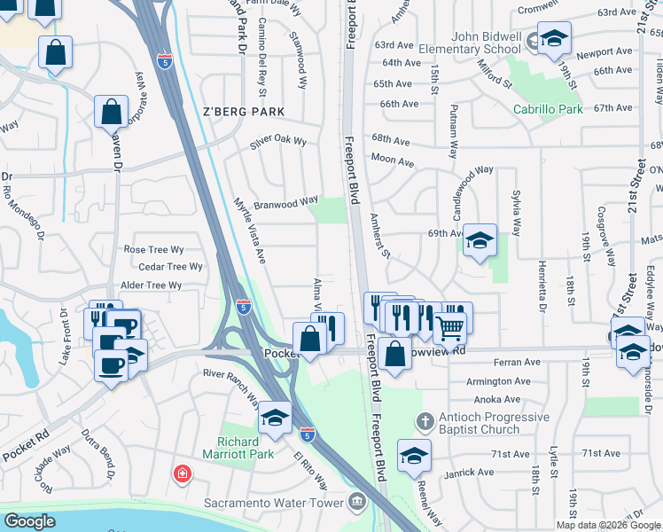 map of restaurants, bars, coffee shops, grocery stores, and more near 7536 Alma Vista Way in Sacramento