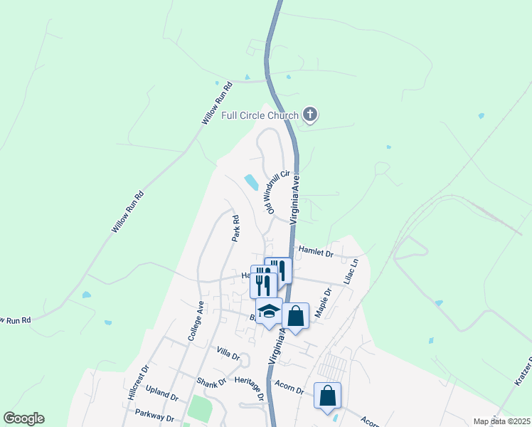 map of restaurants, bars, coffee shops, grocery stores, and more near 1209 Old Windmill Circle in Harrisonburg