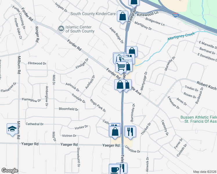 map of restaurants, bars, coffee shops, grocery stores, and more near 4472 El Paulo Court in St. Louis