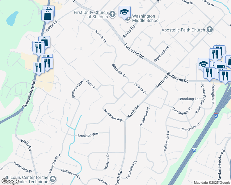 map of restaurants, bars, coffee shops, grocery stores, and more near 4503 Forest Valley Drive in St. Louis