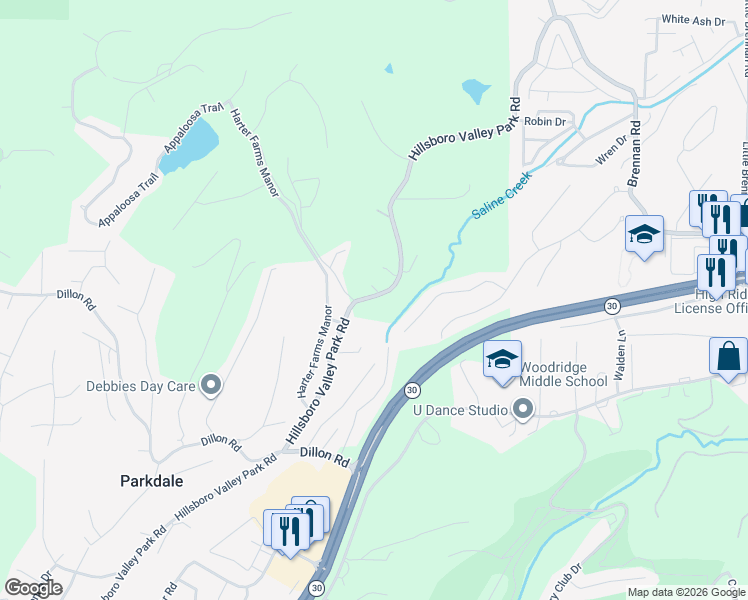 map of restaurants, bars, coffee shops, grocery stores, and more near 2050 Hillsboro Valley Park Road in High Ridge