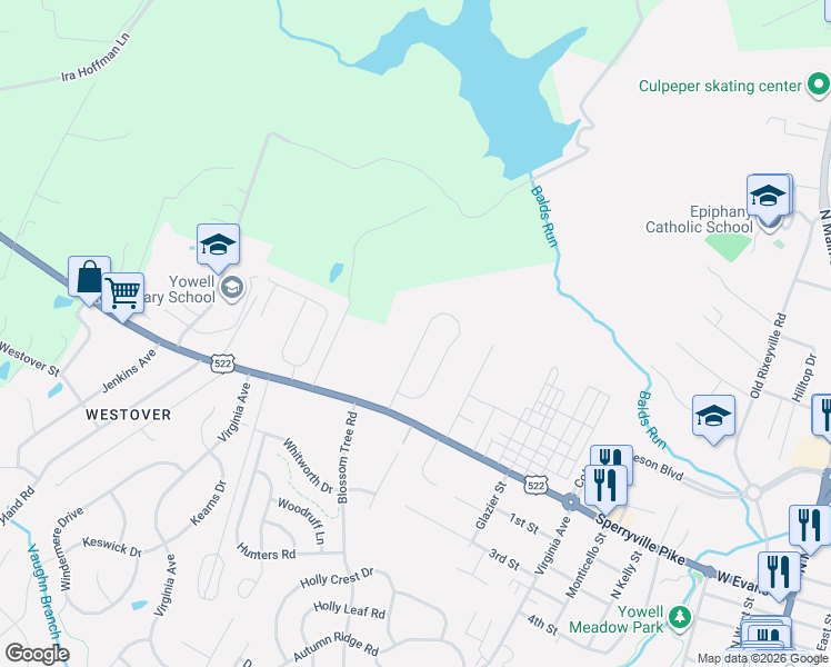 map of restaurants, bars, coffee shops, grocery stores, and more near 937 Riverdale Circle in Culpeper