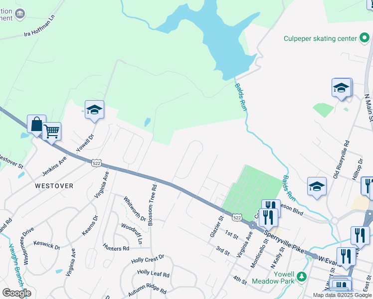 map of restaurants, bars, coffee shops, grocery stores, and more near 966 Riverdale Circle in Culpeper