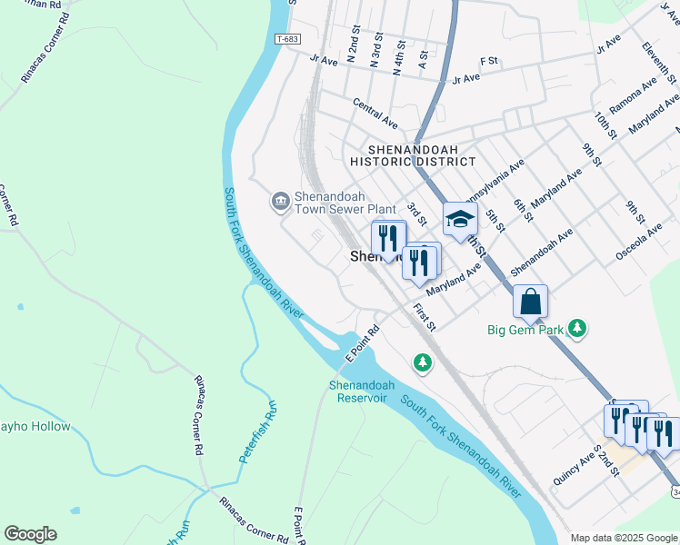 map of restaurants, bars, coffee shops, grocery stores, and more near 406 Long Avenue in Shenandoah