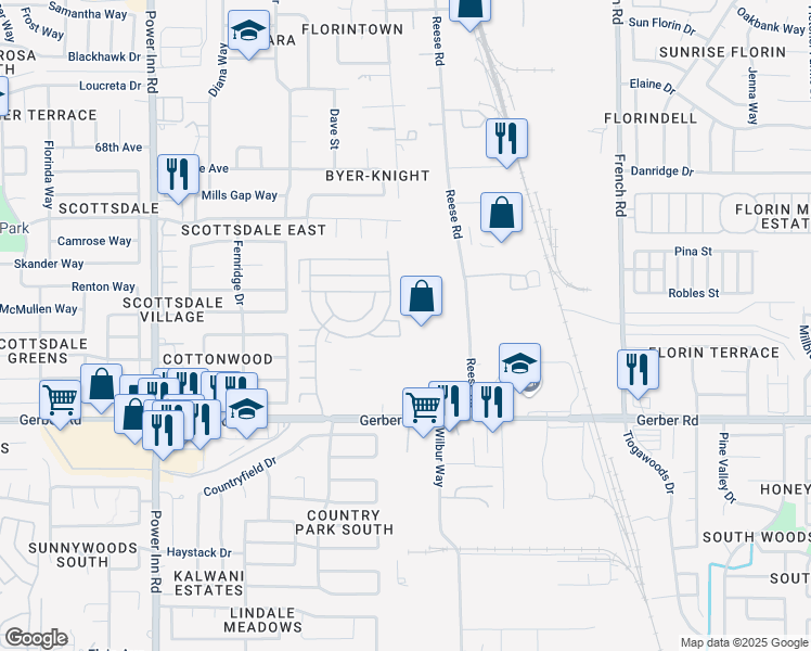 map of restaurants, bars, coffee shops, grocery stores, and more near 8250 Destiny Lane in Sacramento