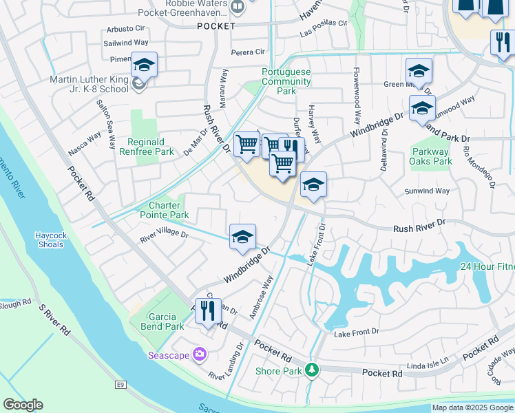 map of restaurants, bars, coffee shops, grocery stores, and more near 7626 Windbridge Drive in Sacramento