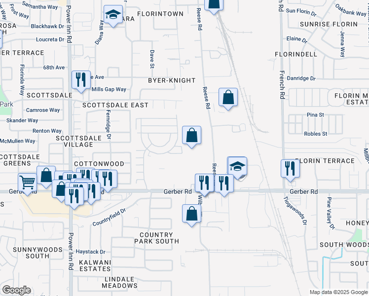 map of restaurants, bars, coffee shops, grocery stores, and more near 8250 Destiny Lane in Sacramento