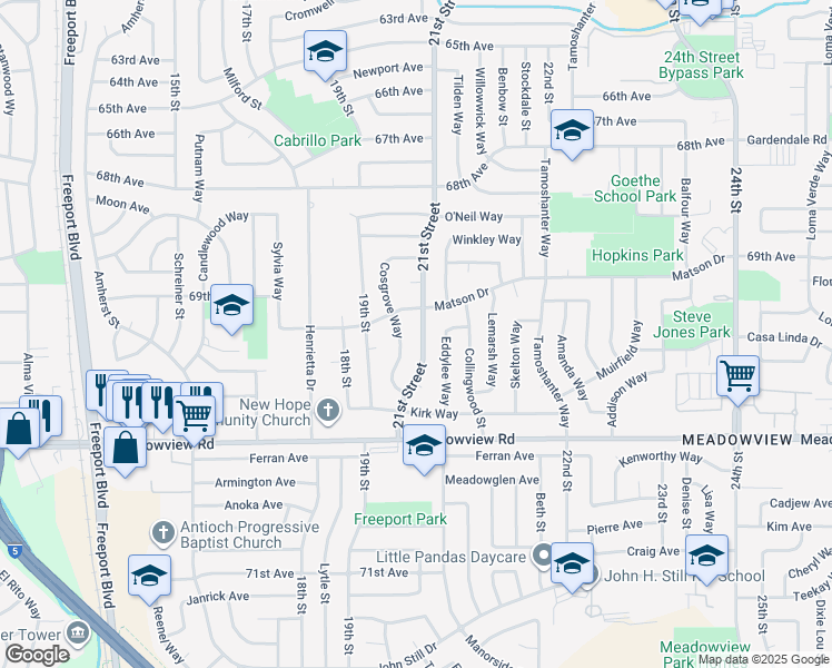 map of restaurants, bars, coffee shops, grocery stores, and more near 7530 21st Street in Sacramento