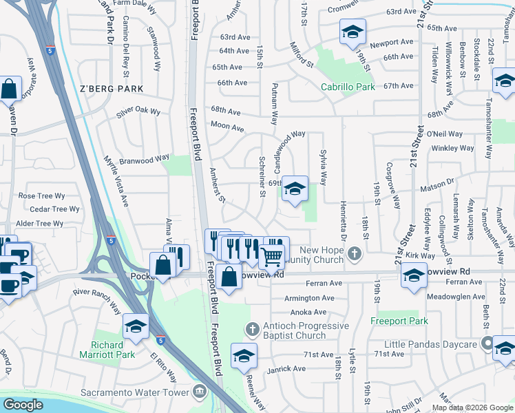 map of restaurants, bars, coffee shops, grocery stores, and more near 7524 Schreiner Street in Sacramento