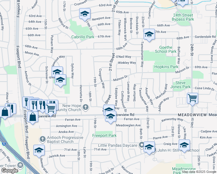 map of restaurants, bars, coffee shops, grocery stores, and more near 7530 21st Street in Sacramento